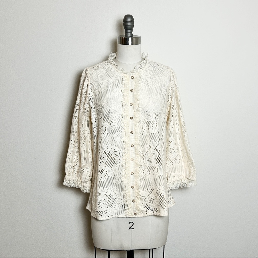 Johnny Was Sheer Cream Lace Button-Up Blouse Size Small